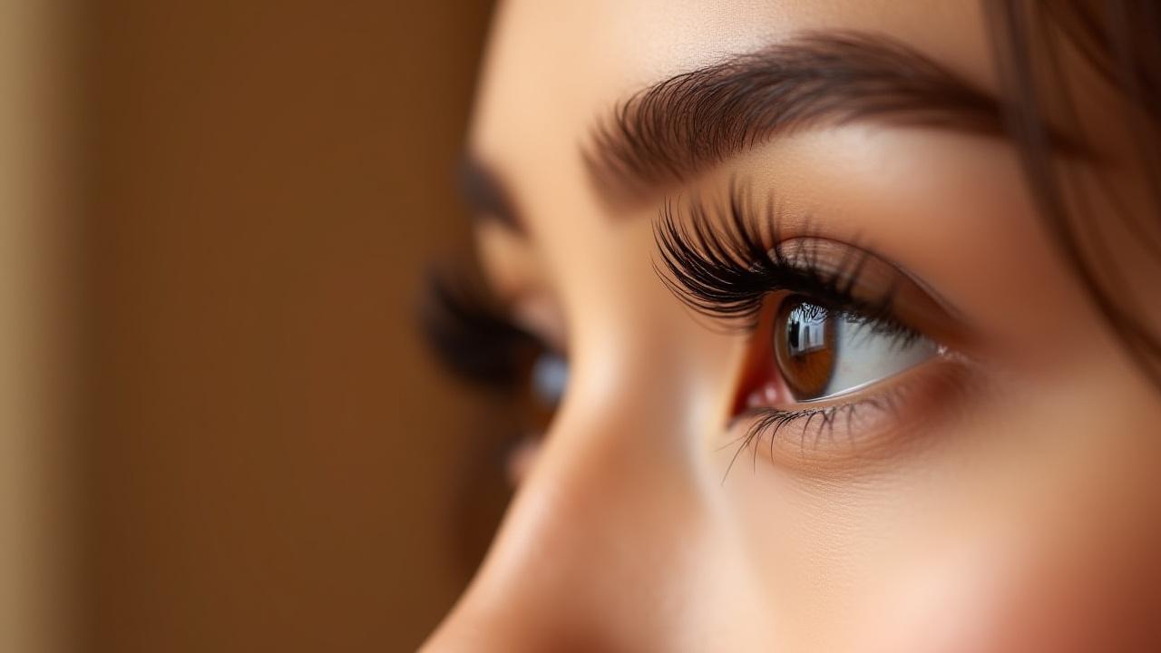 Close-up mata wanita dengan bulu mata sambungan yang sempurna dan kening terbentuk rapi