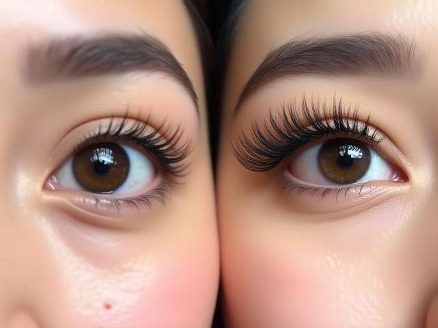 Sambungan bulu mata: sebelum bulu mata nipis, selepas lentik dan penuh.