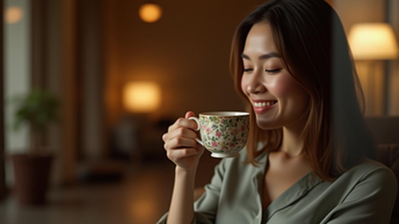 Seorang wanita profesional tenang dan segar sedang menikmati minuman di lobi salon mewah Pantulan Manis.