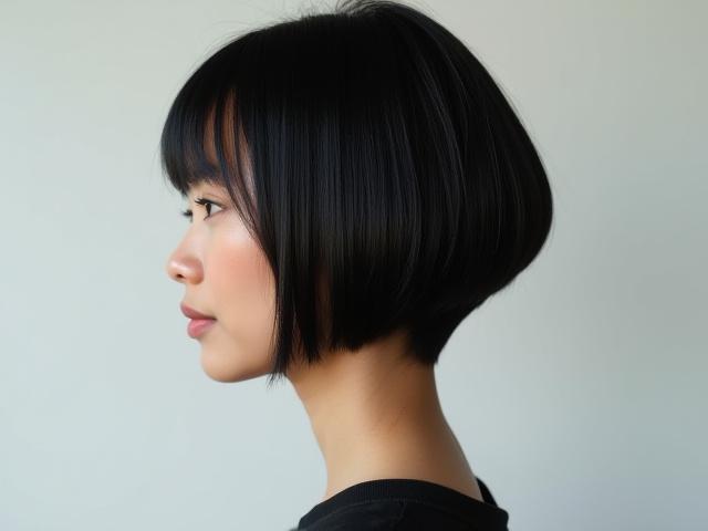 Wanita dengan potongan bob asimetri yang moden dan bergaya