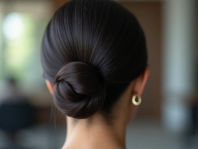 Sanggul tinggi yang kemas dan profesional sesuai untuk acara korporat atau seminar.