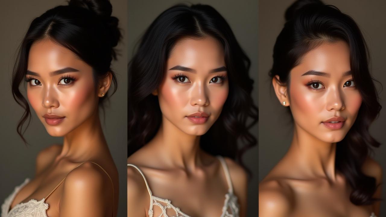 Kolaj tiga penampilan majlis berbeza: glamour makan malam, segar graduasi, kreatif sesi foto