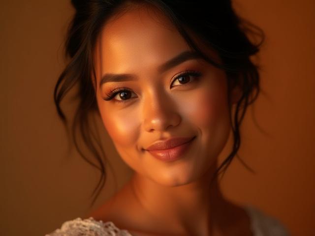 Pengantin dengan tona kulit gelap yang berseri dengan solekan malam