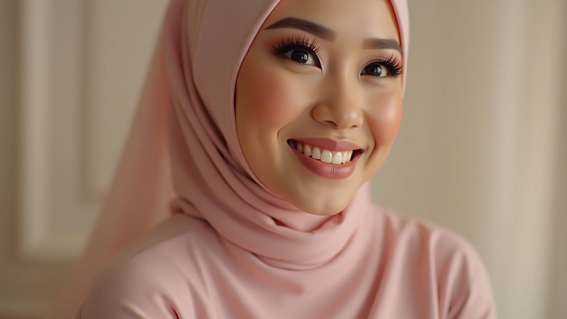 Pengantin Muslimah yang tersenyum manis dengan solekan sempurna dan tudung fesyen moden dari Pantulan Manis.