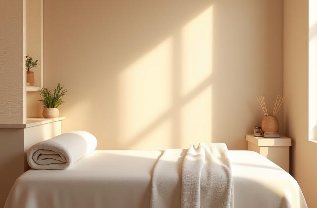 Bilik rawatan wajah yang tenang dan pencahayaan lembut dengan katil spa