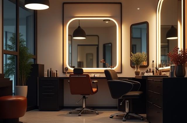 Stesen gaya rambut yang bersih dengan kerusi selesa dan cermin besar