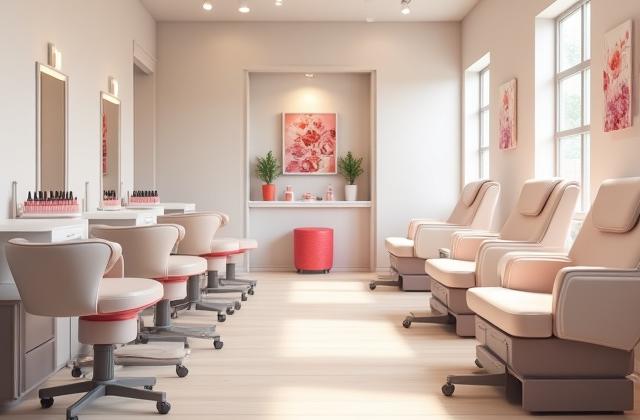 Sudut manicure dan pedicure yang terang dengan kerusi empuk dan peralatan kuku