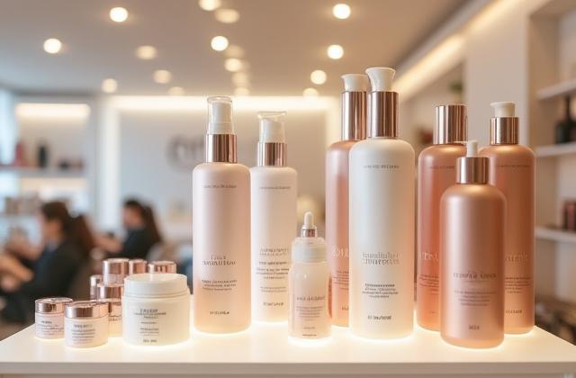 Paparan produk kecantikan premium yang tersusun rapi di rak moden