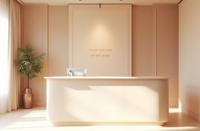 Kaunter penyambut tetamu yang moden dan elegan dengan logo Pantulan Manis